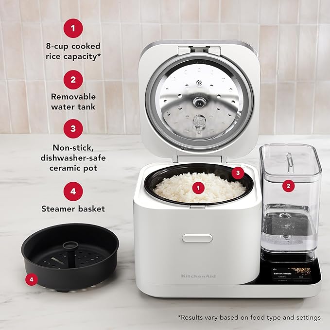 KitchenAid Grain and Rice Cooker 8 Cup with Automatically Sensing Integrated Scale + Water Tank, KGC3155, Porcelain White