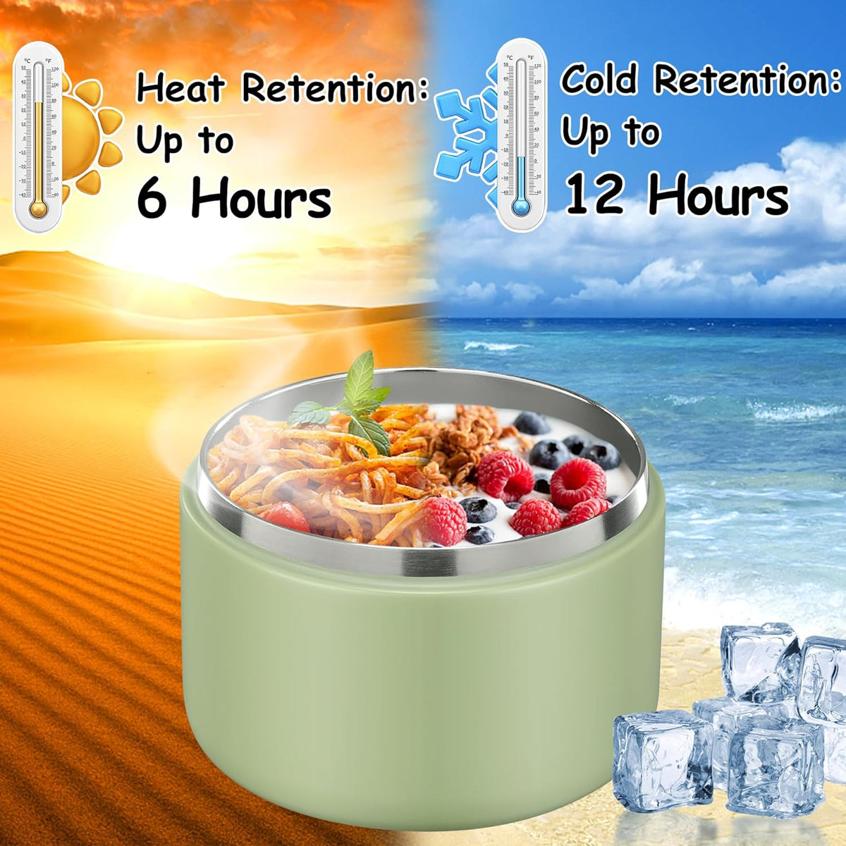 12oz Insulated Vacuum Food Jar with Buckle Lid Wide Mouth Soup Thermo for Hot Food Kids Leakproof Stainless Steel Lunch Container- Green- 1Pack