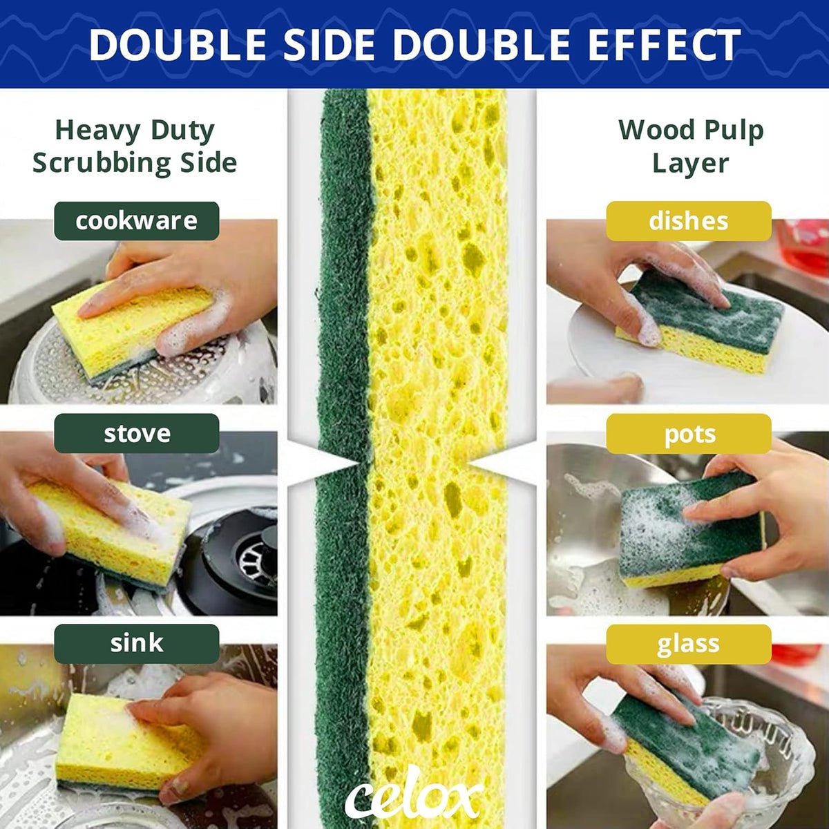 CELOX 24 Pack Dish Sponge for Kitchen, Dual Sided Scrub Sponge Heavy Duty, Non-Scratch Sponges Perfect for Kitchen Dishwashing and Household Cleaning, Highly Absorbent and Easy to Dry for Reuse