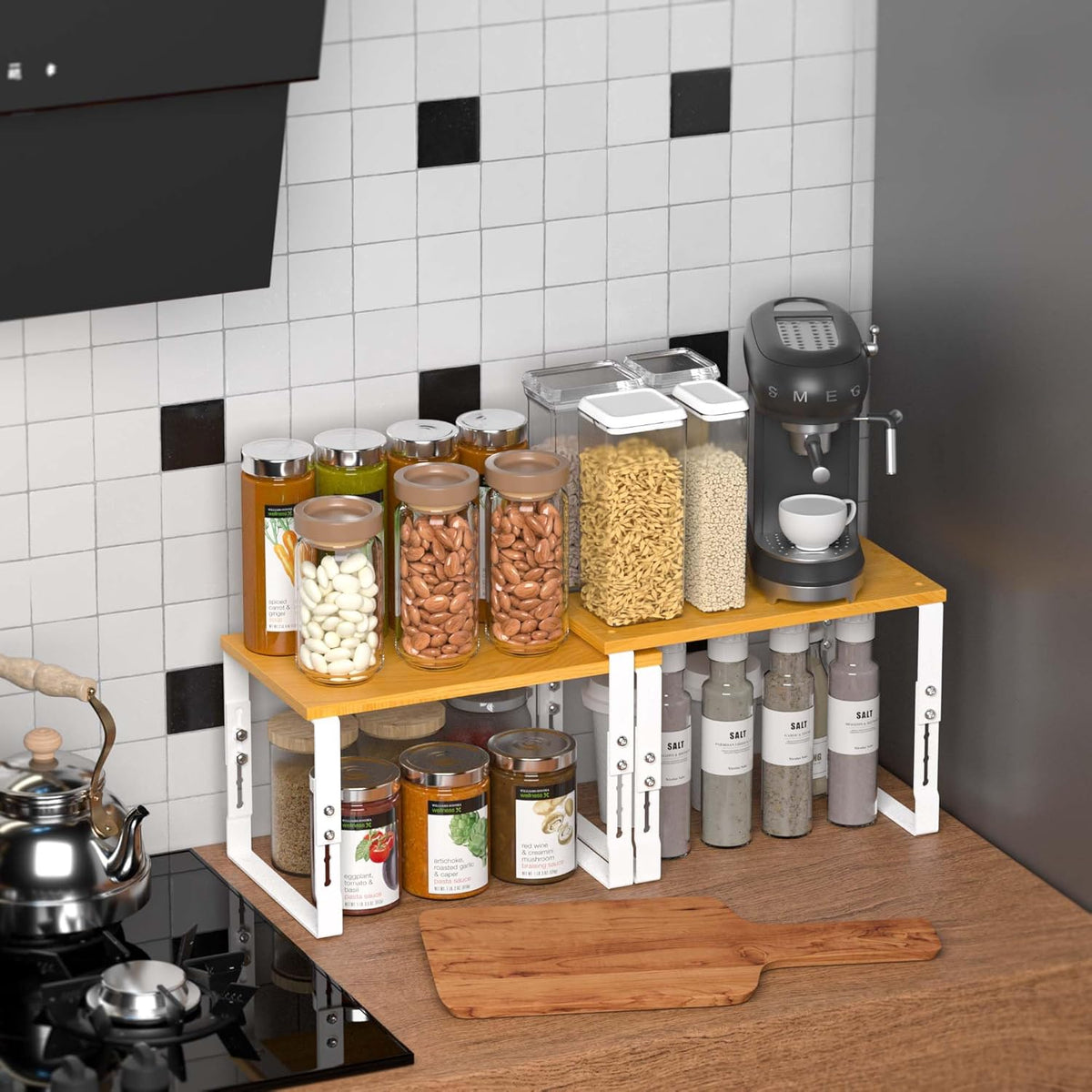 Expandable Kitchen Cabinet Organizer Shelves – Stackable Adjustable Metal and Wood Storage Racks for Countertop, Pantry, Garage Set of 2 Spice Rack – Easy Assembly, Space-Saving(1 Pack/Large/White)