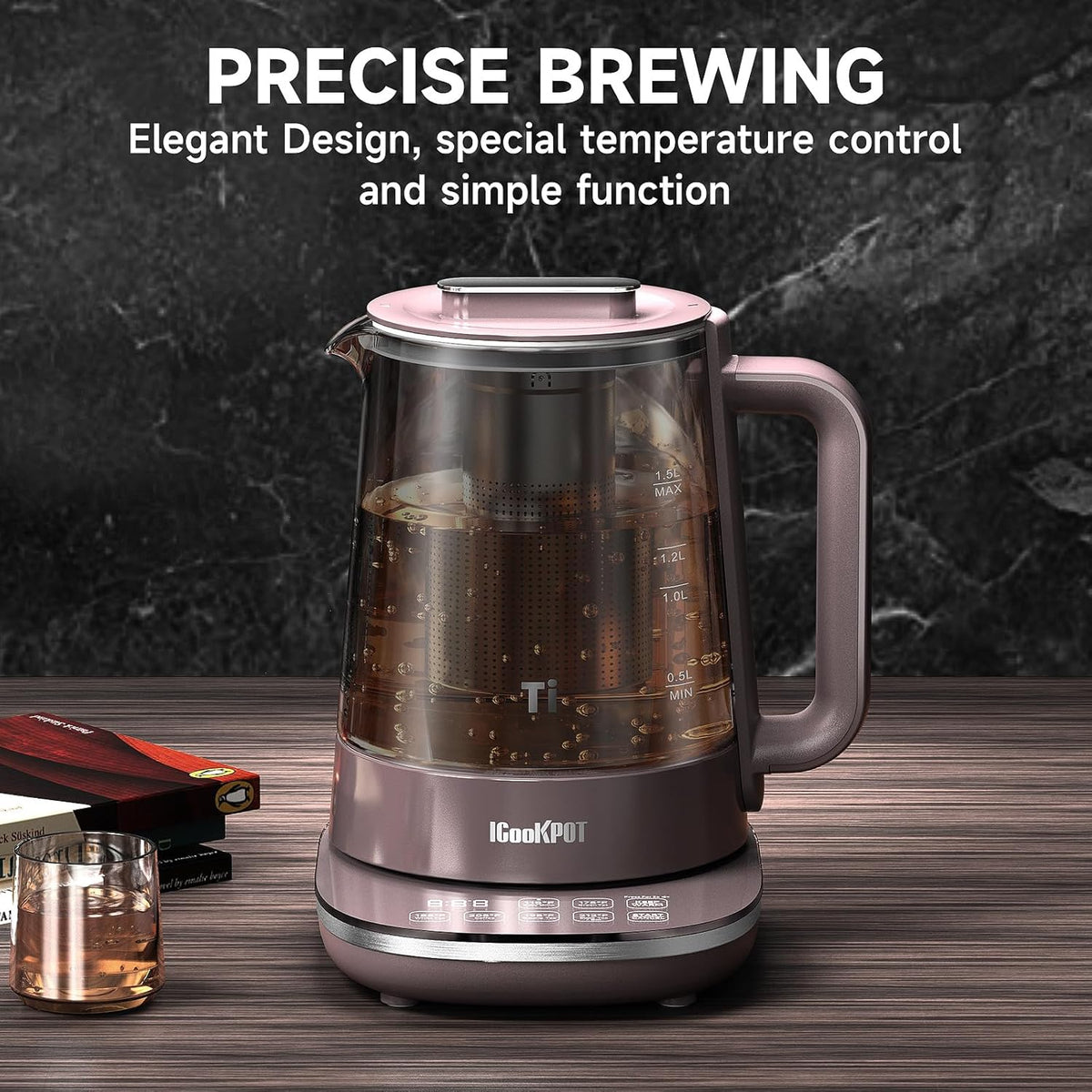 Titanium Hot Tea Maker Glass Electric Kettle with Infuser and Temperature Control,1.5L Tea Maker & 1500W Rapid Boiling,Programmable Control for your Favorite Teas and Coffee-Brown