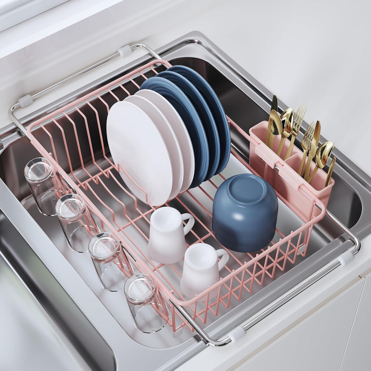 Over the Sink Expandable Dish Drainer Drying Rack In Stainless Steel for Small Kitchen, Counter Space Saving Compact Metal Above Plate Dryer Strainer, Pink Adjustable Hanging Inside Drain Holder