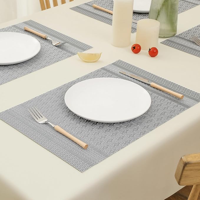 Leetaltree Lunar Grey Placemats Set of 12 - Heat Resistant Non-Slip Place mats for Dining Table, Washable Durable PVC Vinyl Woven Table Mats（Lunar Grey, 12）