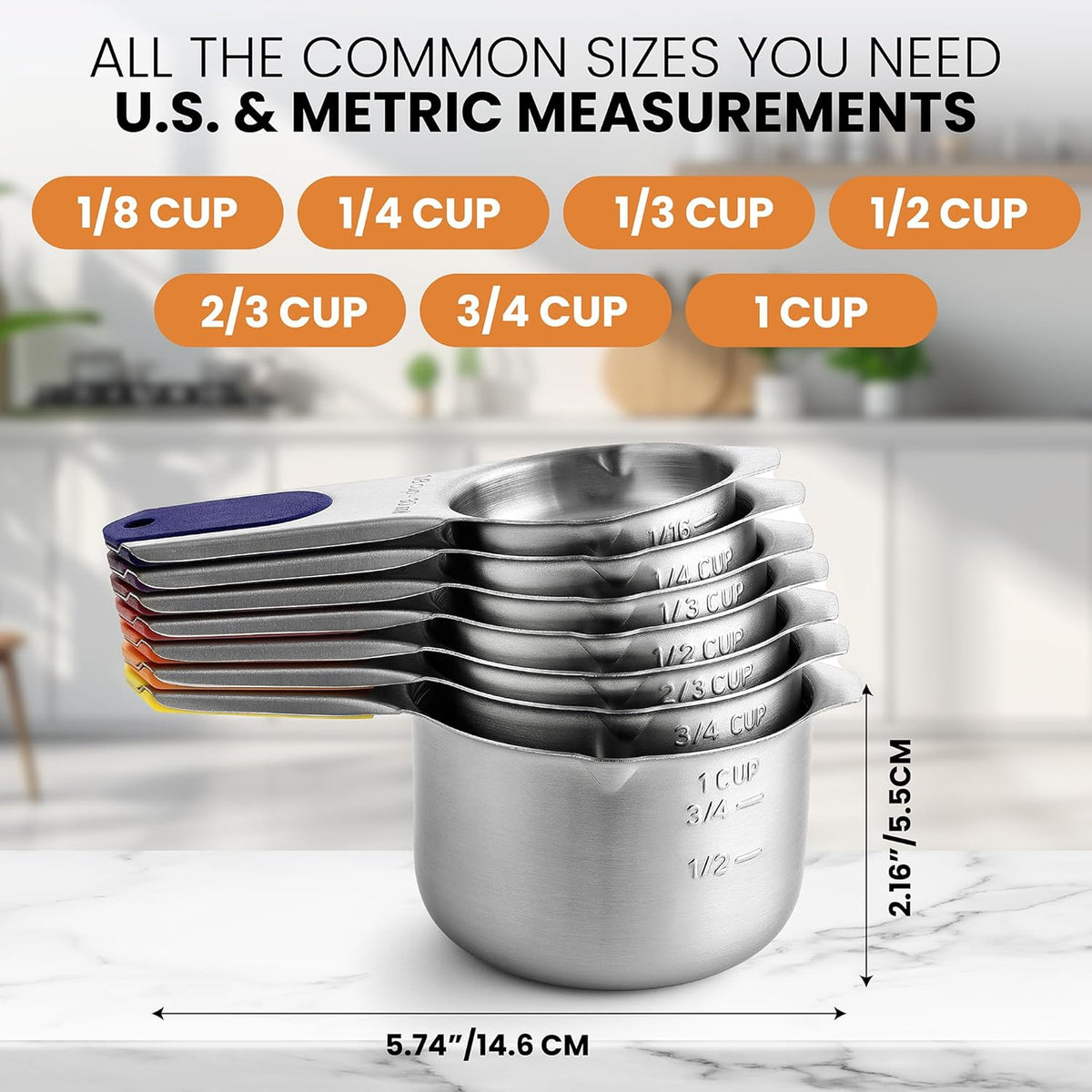 Spring Chef Magnetic Stainless Steel Measuring Cups, Patented, Kitchen Tools with Easy to Read Markings for Measuring Dry or Liquid Ingredients, Set of 7, Mountain Sunrise