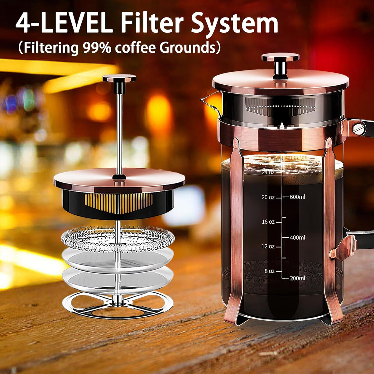 French Press Coffee Maker 304 Stainless Steel Coffee Press,with 4 Filters System, Heat Resistant Thickness Borosilicate French Press Glass, BPA-Free Brewed Tea Pot Coffee Plunger(Copper 12oz)