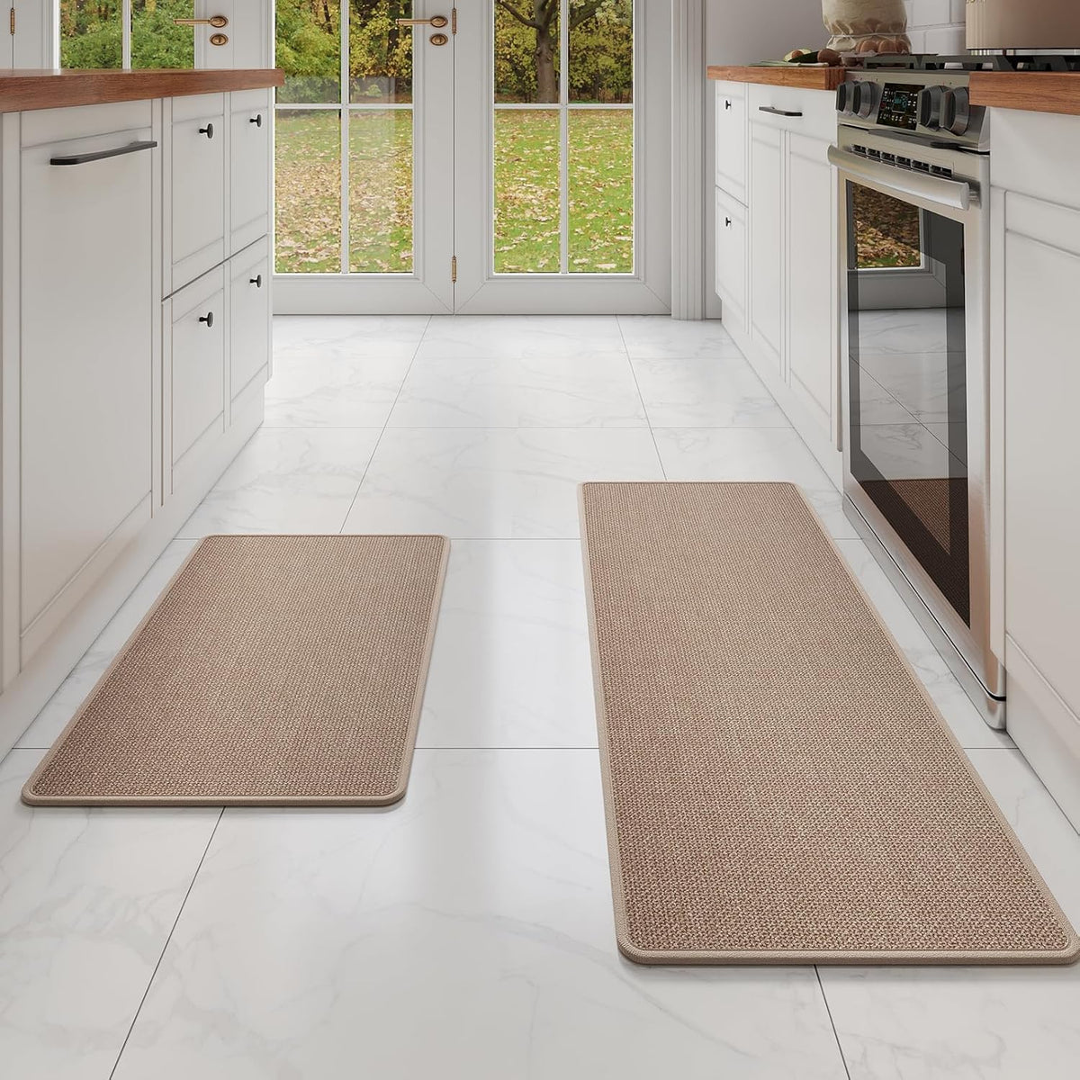 Kitchen mats for Floor Water and Oil Absorbent Runner Rugs for Kitchen, Kitchen Mat in Front of Sink,Non-Slip Kitchen Rugs,Durable Imitation Linen Kitchen Rug Brown 17x30+17x47