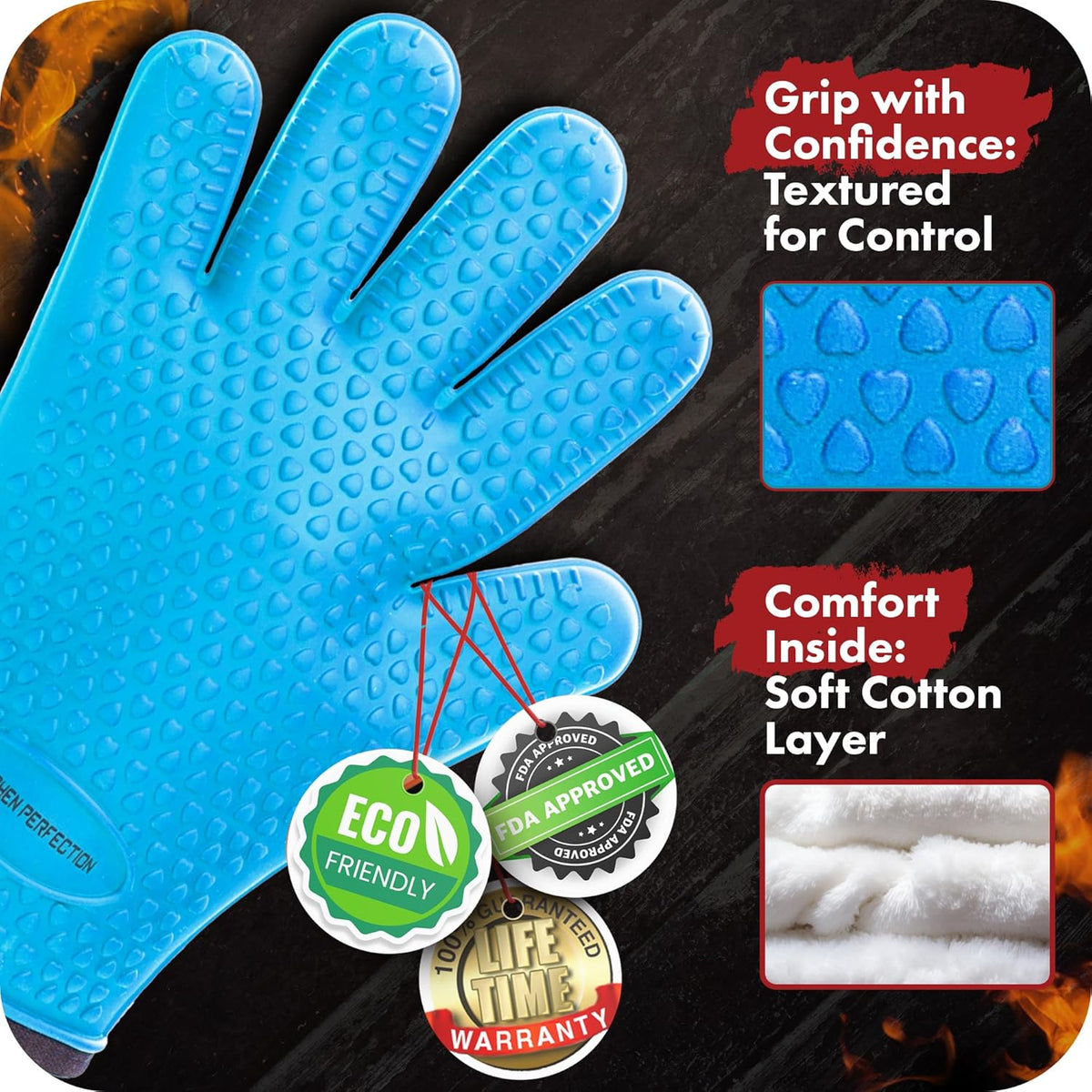 KITCHEN PERFECTION Silicone Smoker Oven Gloves-Extreme HeatResistant BBQ Gloves-Handle Hot Food Right on Your Grill BBQ Fryer&Pit|Waterproof Grilling Cooking Baking Mitts|Superior Value Set+3 Bonuses