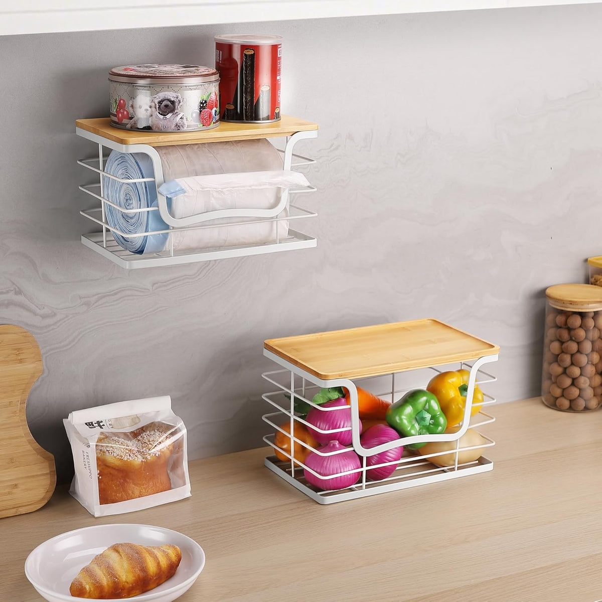 Trash Bag Dispenser Holder for Kitchen 2 Pack White Garbage Bag Organizer Wall Mount Stackable Bin with Bamboo Lid for Countertop, Under Sink, Laundry Room