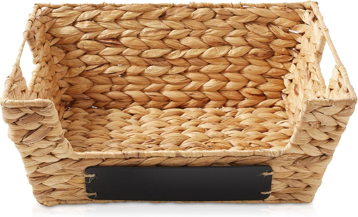Casafield Set of 2 Water Hyacinth Pantry Baskets with Handles, Chalkboard Labels, and Marker - Natural, Wide Woven Storage Bin Organizers for Kitchen Shelves