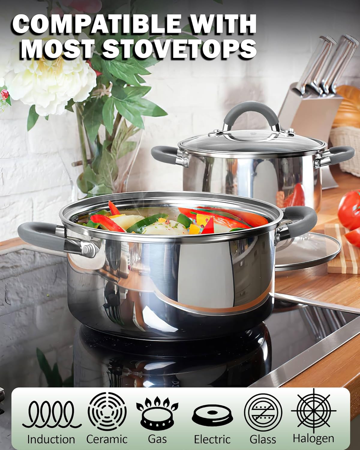 Cook N Home Kitchen Cookware Set, 12-Piece Basics Stainless Steel Pots and Pans Set with Grey Silicone Handle, Silver