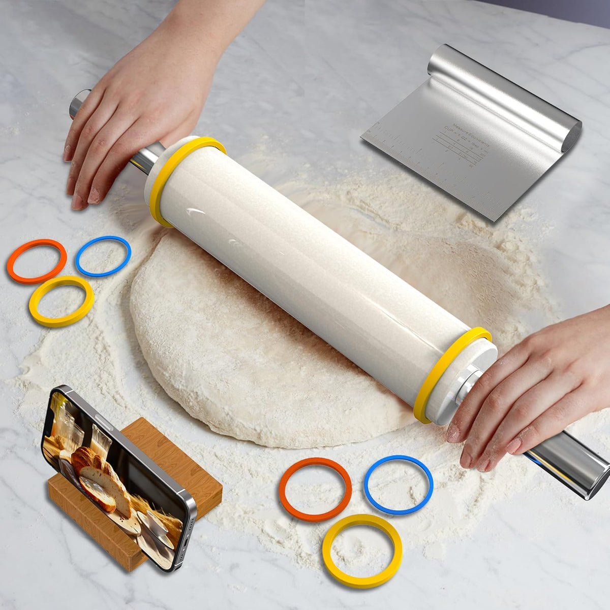Marble Rolling Pin with Pastry Baking Mat and Stainless Steel Dough Cutter, 18.5” (Includes handle) Rolling Pin for Baking Cookie Crust Crisp Pizza with 3 Thickness Rings and Wood Stand