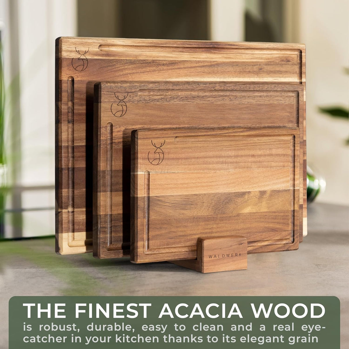 WALDWERK Cutting Board Set (15.75 x 12/13 x 9.5/10 x 7 in) out of Solid Acacia Wood - 0,8 in Thick Cutting Boards for Kitchen - Wood Cutting Boards - Wooden Chopping Boards for Kitchen