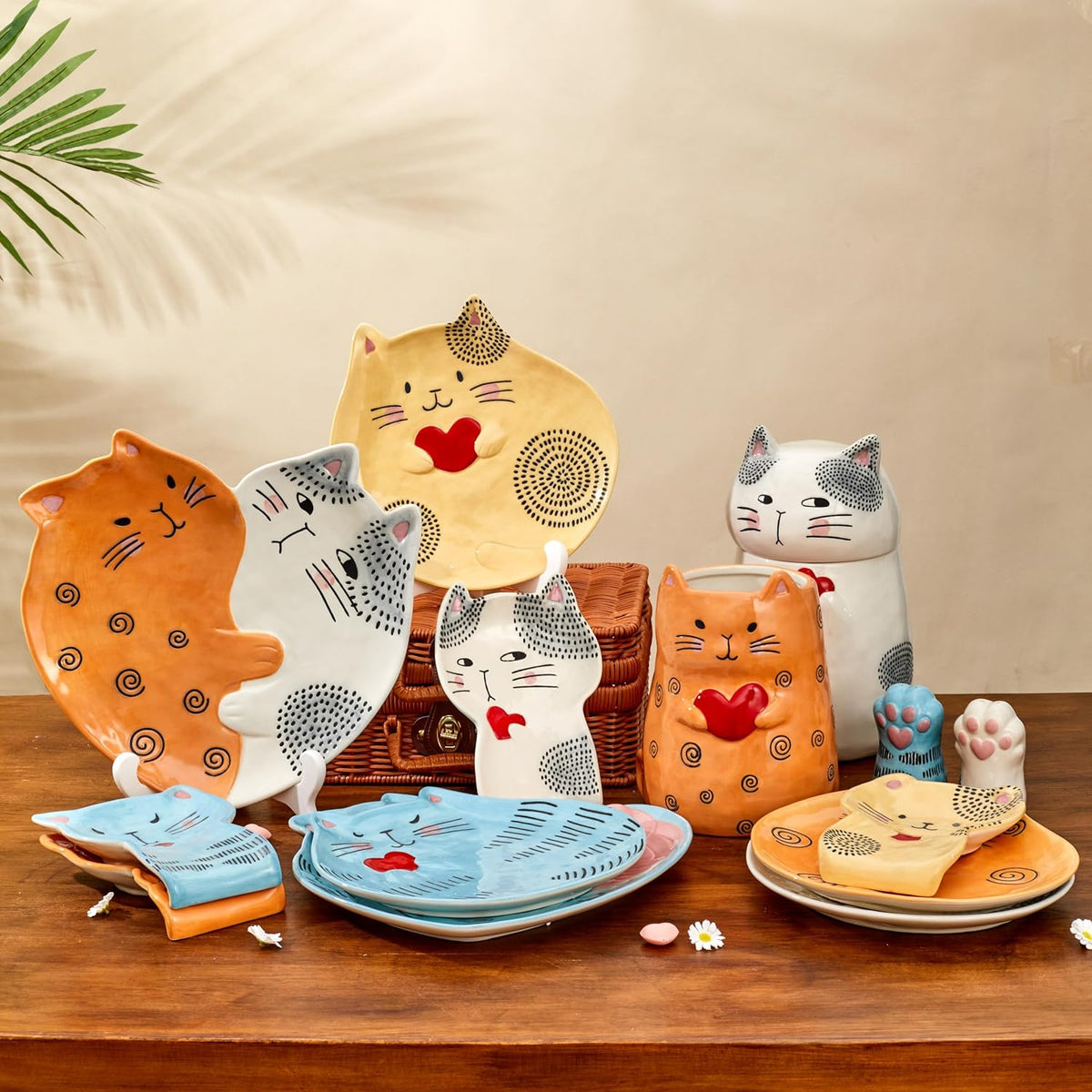 Bico Cartoon Cat Handpainted Stoneware Orange 7.8 inch Utensil Holder, Dishwasher Safe