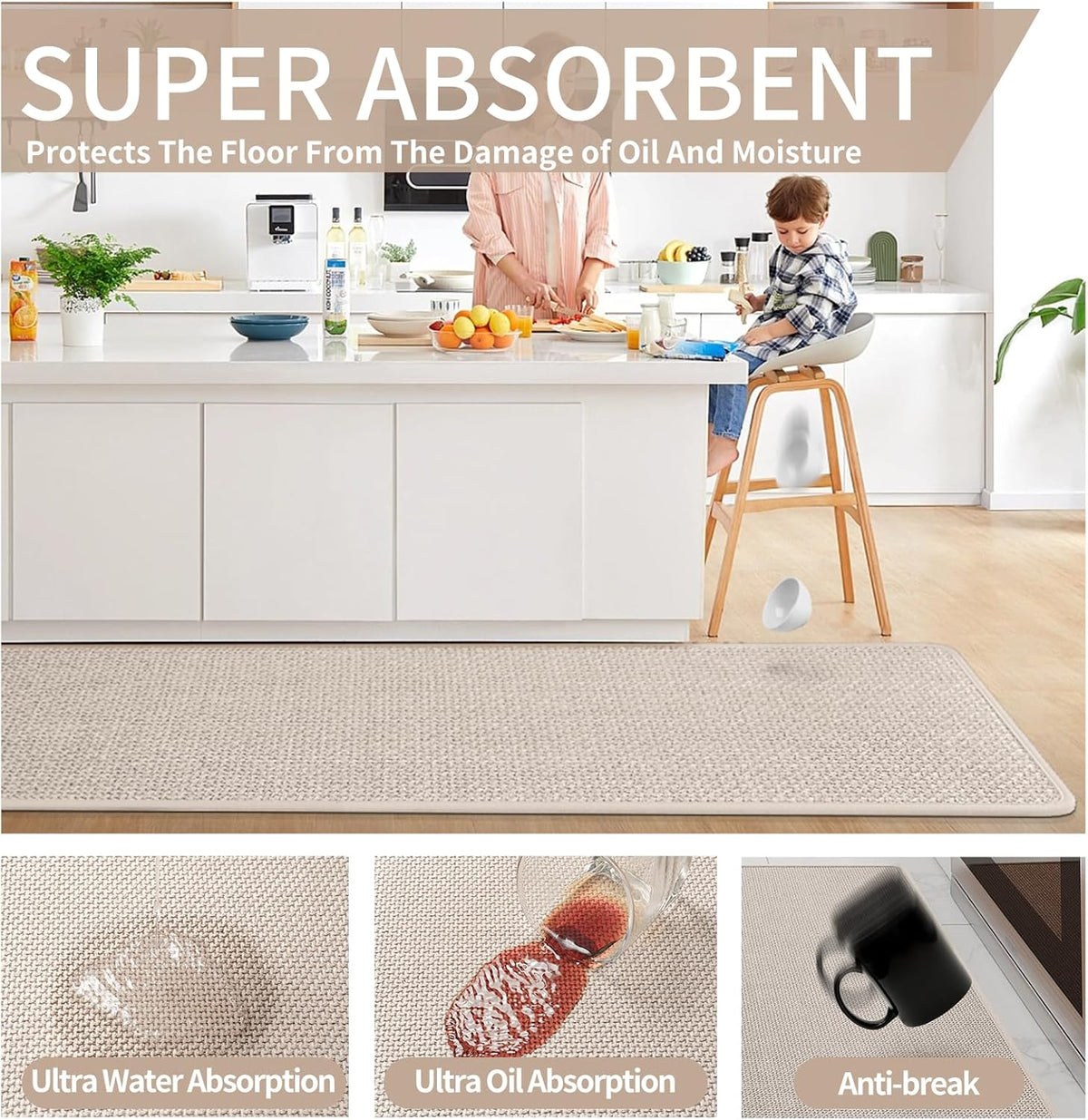 Kitchen Rugs and Mats Non Slip Washable, Absorbent Runner Rugs for Kitchen, Front of Sink, Kitchen Mats for Floor，Easy to Clean and Maintain Kitchen Floor mat(Beige, 17"x59")