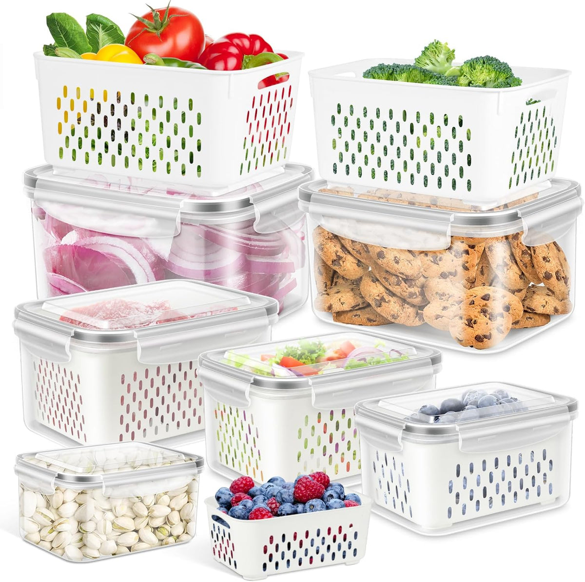 6 Pack Fruit Storage Containers for Fridge, Produce Saver Vegetable Container with Drain Colanders - Refrigerator Organizer for Lettuce Keepers Berry Container