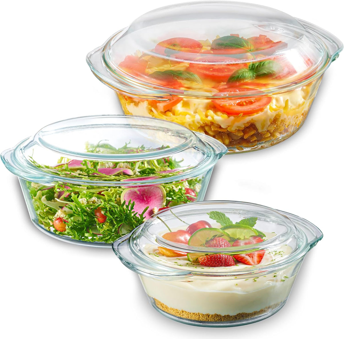 6-Piece Glass Tureen Dishes for Oven - Durable Borosilicate Glass Bakeware Set with Lids, Microwave Safe, Versatile Round Covered Baking Dishes. Clear Lead-Free Casserole Cookware.