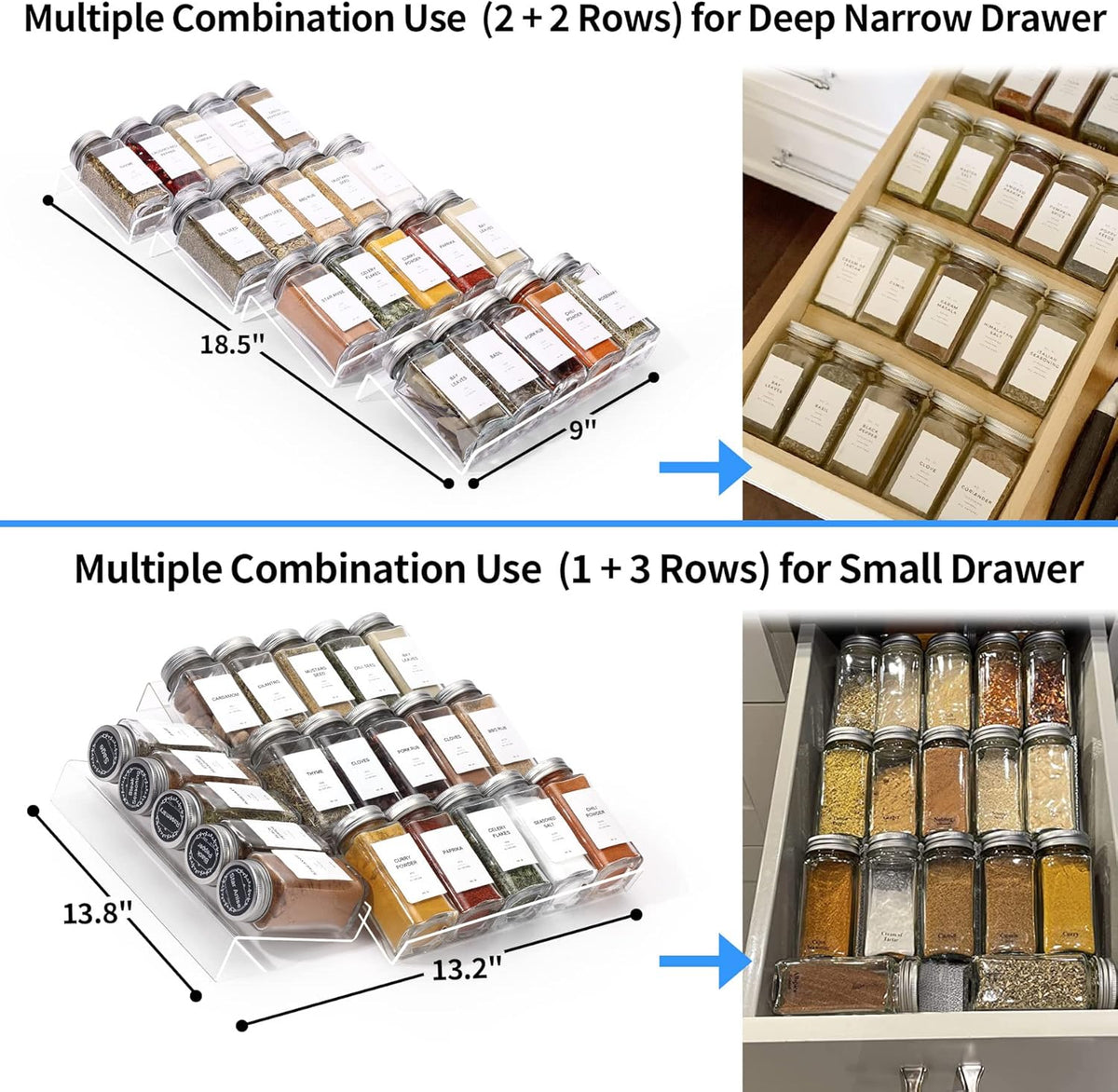 MIUKAA Clear Acrylic Spice Drawer Organizer, 4 Tier- 1 Set Seasoning Jars Drawers Insert, Kitchen Spice Rack Tray for Drawer/Countertop (Jars not included)