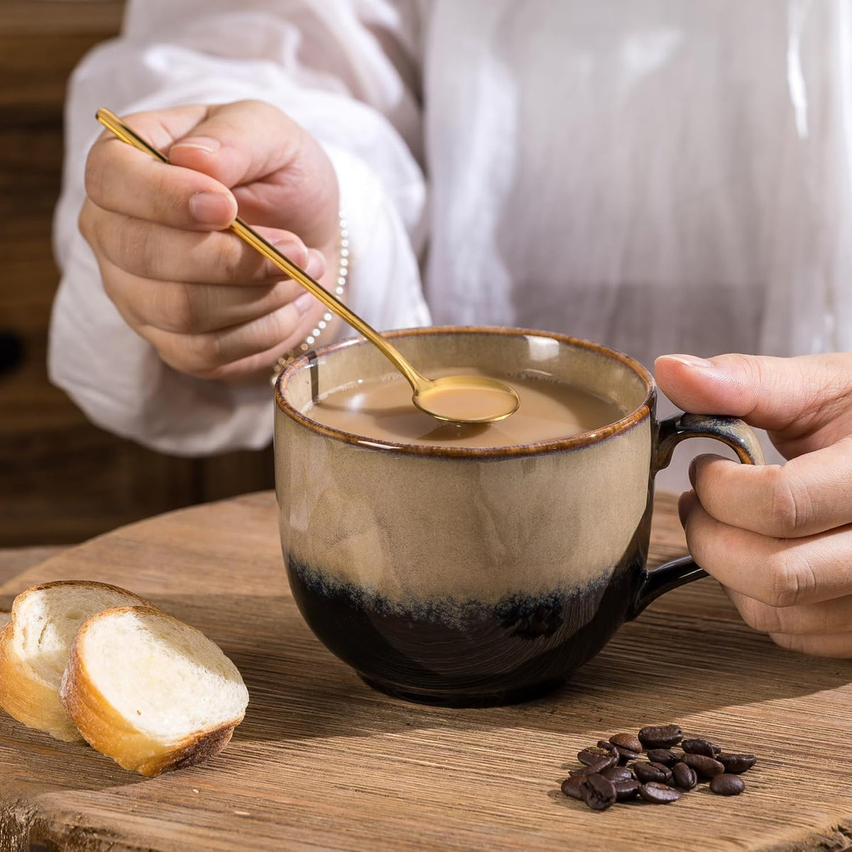 Ceramic Coffee Mug Set of 4 with Spoon, 15 oz Large Cups With Big Handle for Coffee Tea, Microwave Dishwasher Safe, Unique Gift for Men Women, Housewarming Wedding Gift(Brown)