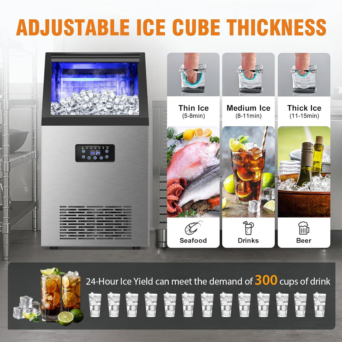 Commercial Ice Maker 120LBS/24H, Stainless Steel Freestanding Ice Maker Machine 30LBS Storage Bin, Auto Clean Under Counter ice Machine for Home, Restaurant, Bar, Hotel, Store