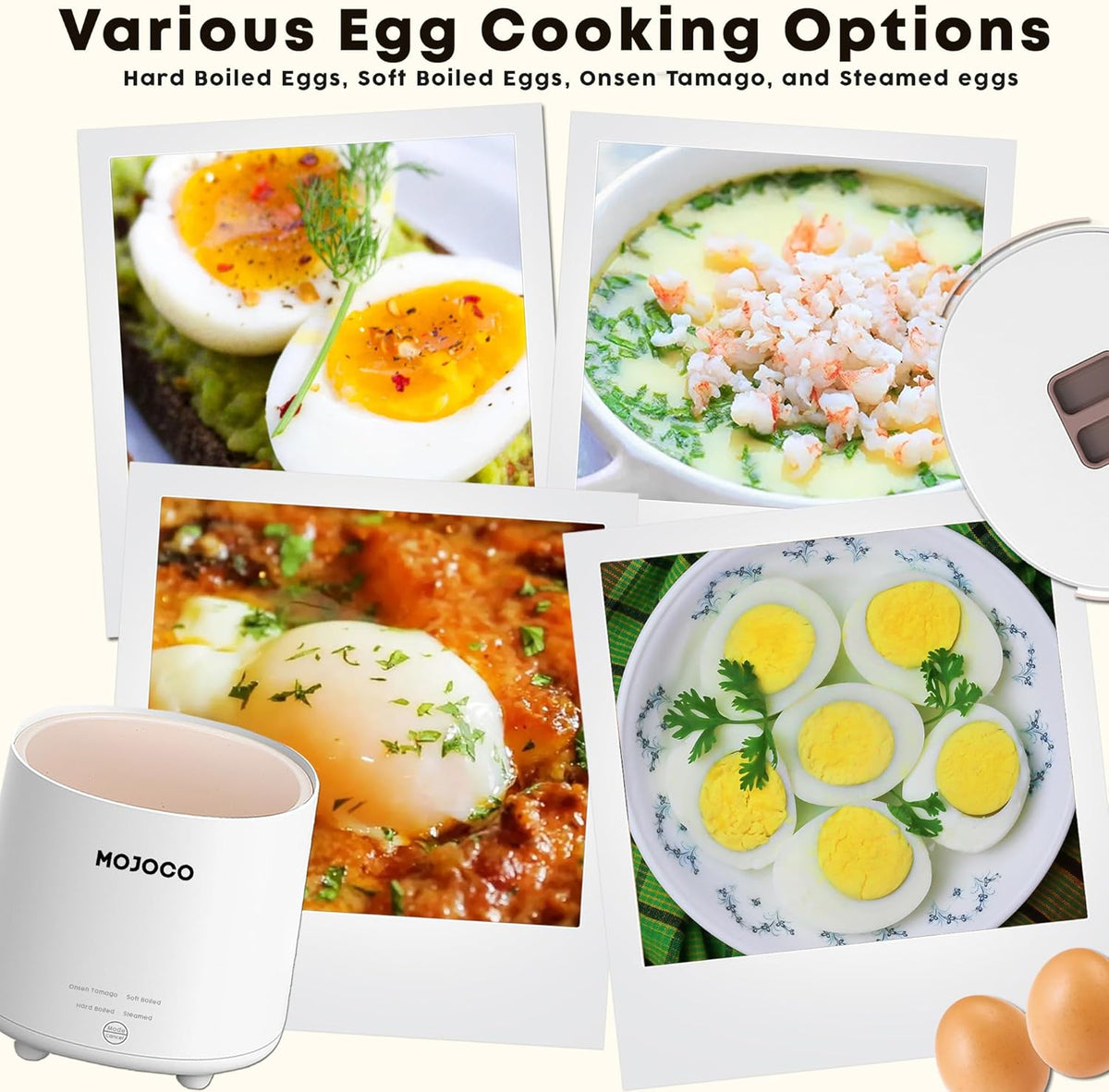 Mojoco Rapid Egg Cooker - Mini Egg Cooker for Steamed, Hard Boiled, Soft Boiled Eggs and Onsen Tamago - Electric Egg Boiler for Home Kitchen, Dorm Use - Smart Egg Maker with Auto Shut OFF and Alarm