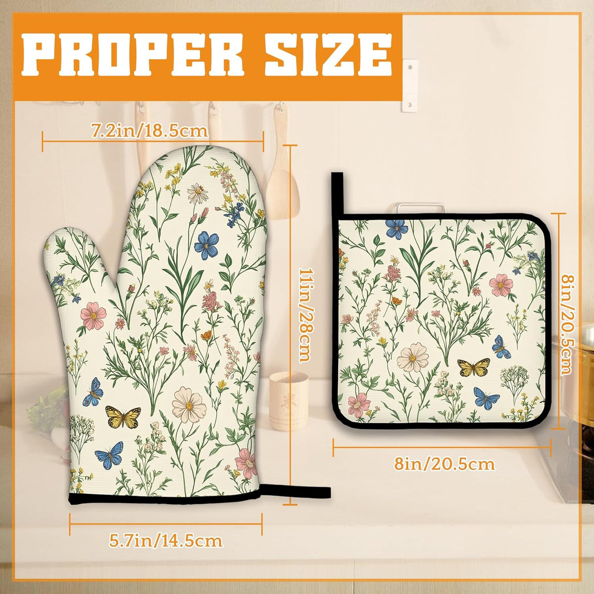 Wildflowers Oven Mitts and Pot Holders,Vintage Garden Plants Herb Flower Botanical Heat Resistant Oven Mitts Gloves and Pot Holder for Home Kitchen Decorations Cooking Baking BBQ Gifts,Set of 4