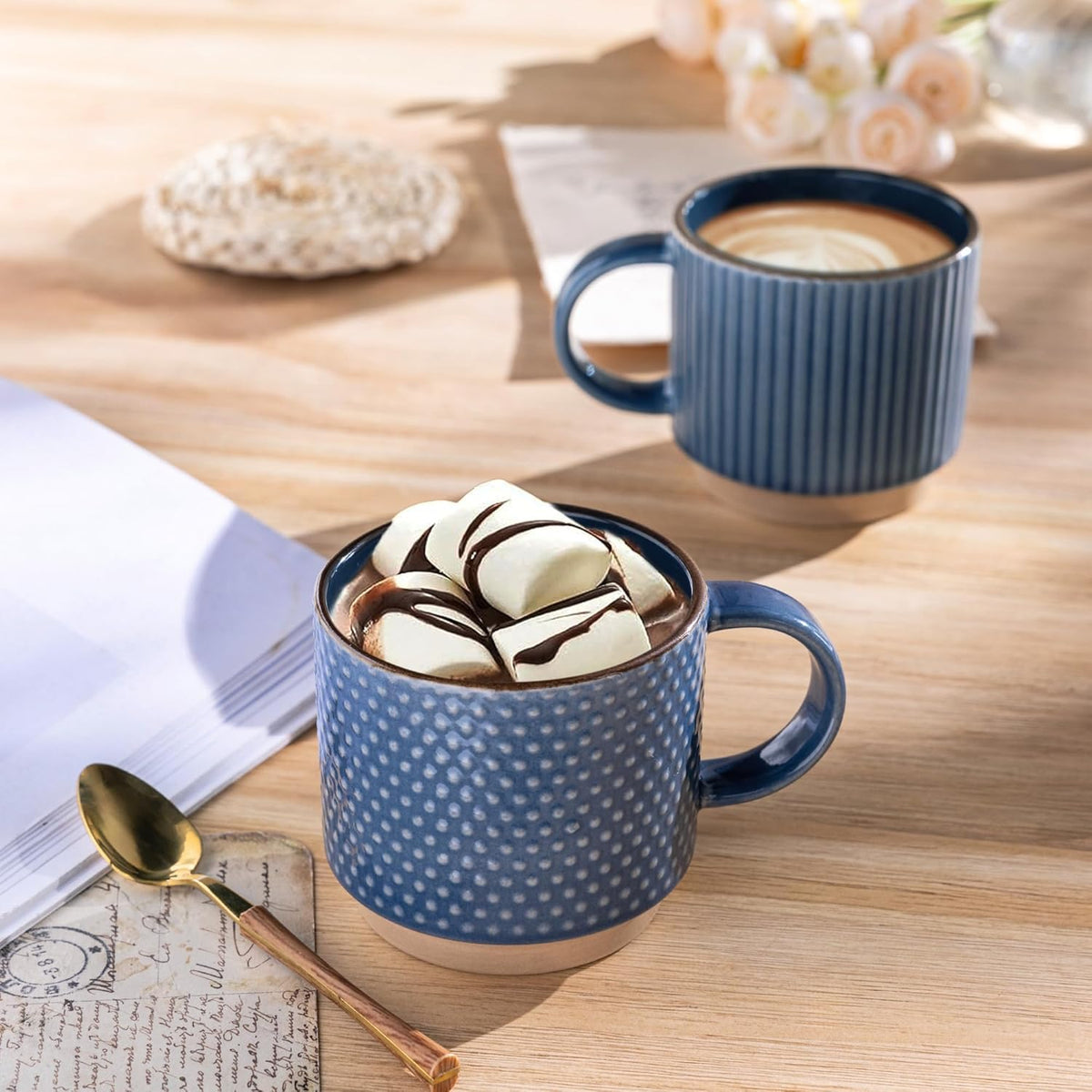GBHOME 12 OZ Stackable Coffee Mugs, Ceramic Coffee Mugs with Texture Patterns for Man,Woman,Dad,Mom, Modern Coffee Cups Set of 4 for Latte/Cappuccino/Cocoa. Dishwasher&Microwave Safe