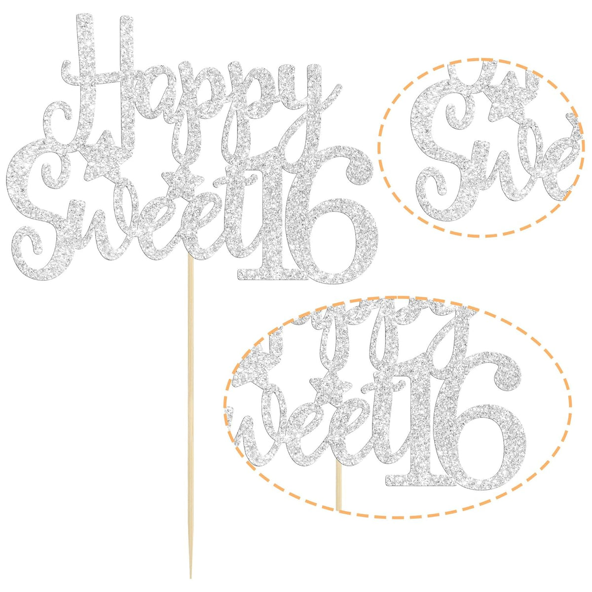 Gyufise 1Pc Happy Sweet 16 Cake Topper Sweet 16 Birthday Decorations Happy 16th Birthday Cake Decorations for Girls/Boys Silver Glitter