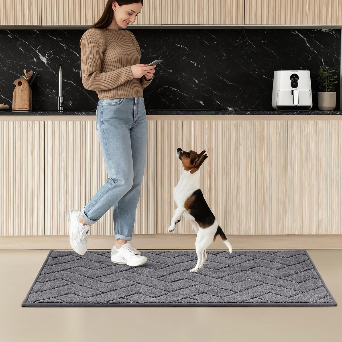 Machine Washable Kitchen Rugs Set (24" x 36"+24" x 60"), Non-Slip Kitchen Runner Rugs Mats for Floor, Absorbent Comfort Standing Mats for Kitchen, Sink and Hallway, Rolled Packaging, Grey