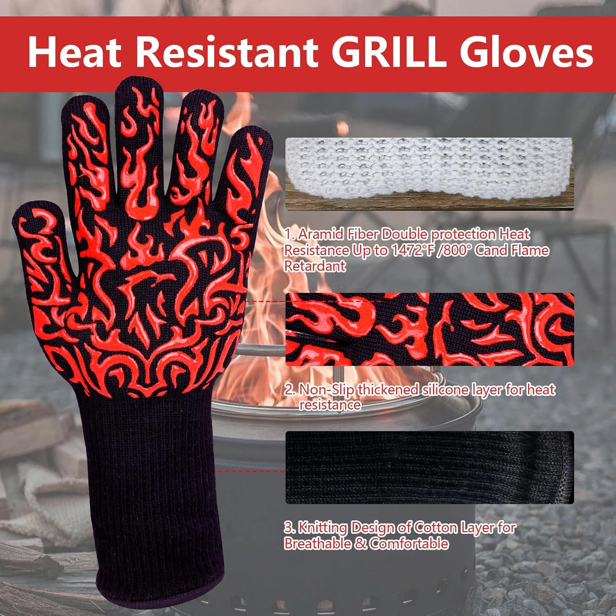 UBeesize Lengthen BBQ Gloves (Phoenix), 1472°F Heat Resistant Grill Glove, 14 inch Fireproof Oven Gloves for Cooking, Non-Slip Fire Glove for Grilling, Barbecue, Smoker, Baking, Frying