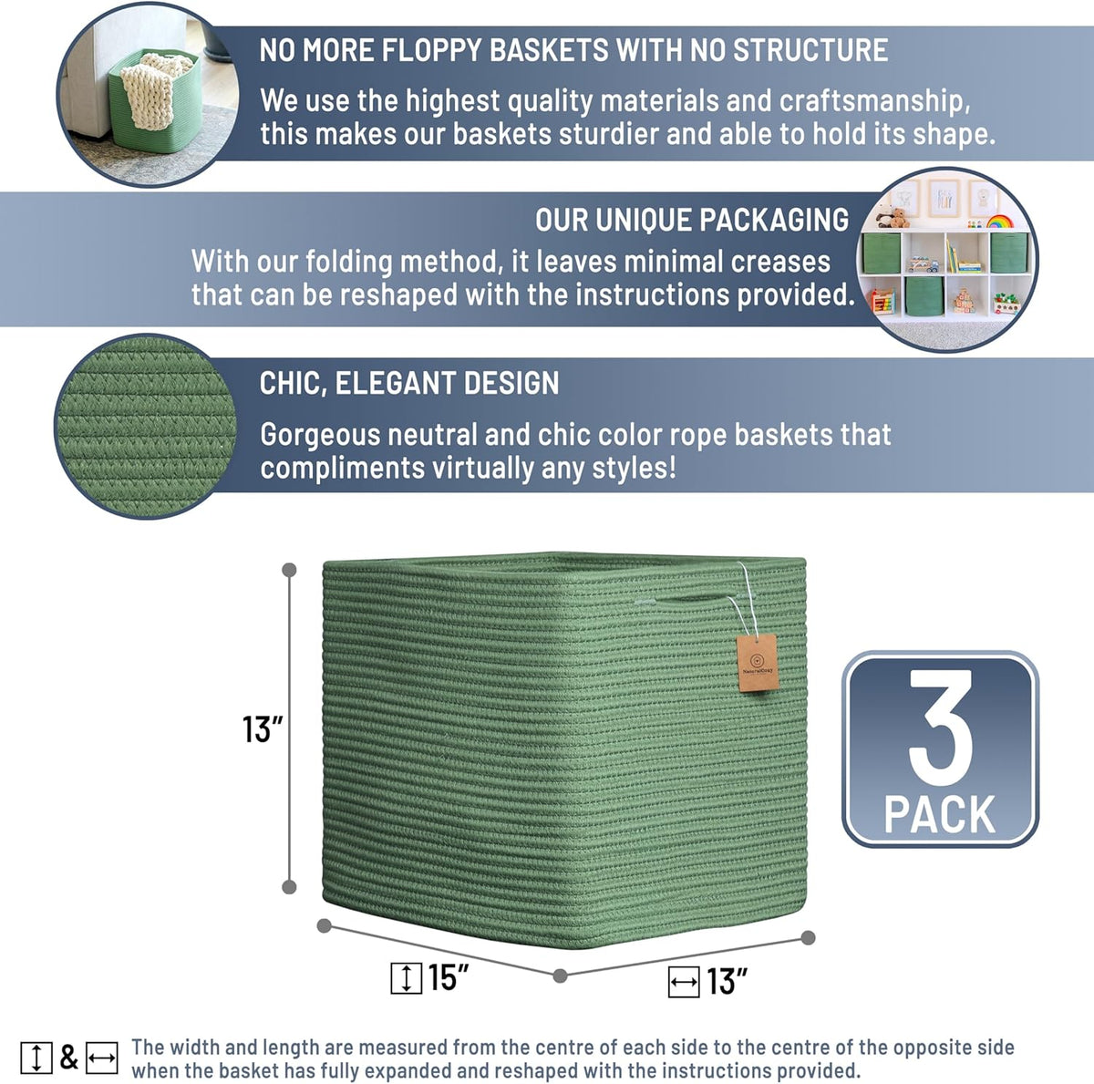 NaturalCozy 13x15x13 Kallax Storage Cubes Bins, 3 Pack | Cotton Rope Cube Storage Bin Woven Baskets for Organizing | Kallax Insert Storage Baskets for Shelves Organizer, Kids Toy, Closet Baby Nursery