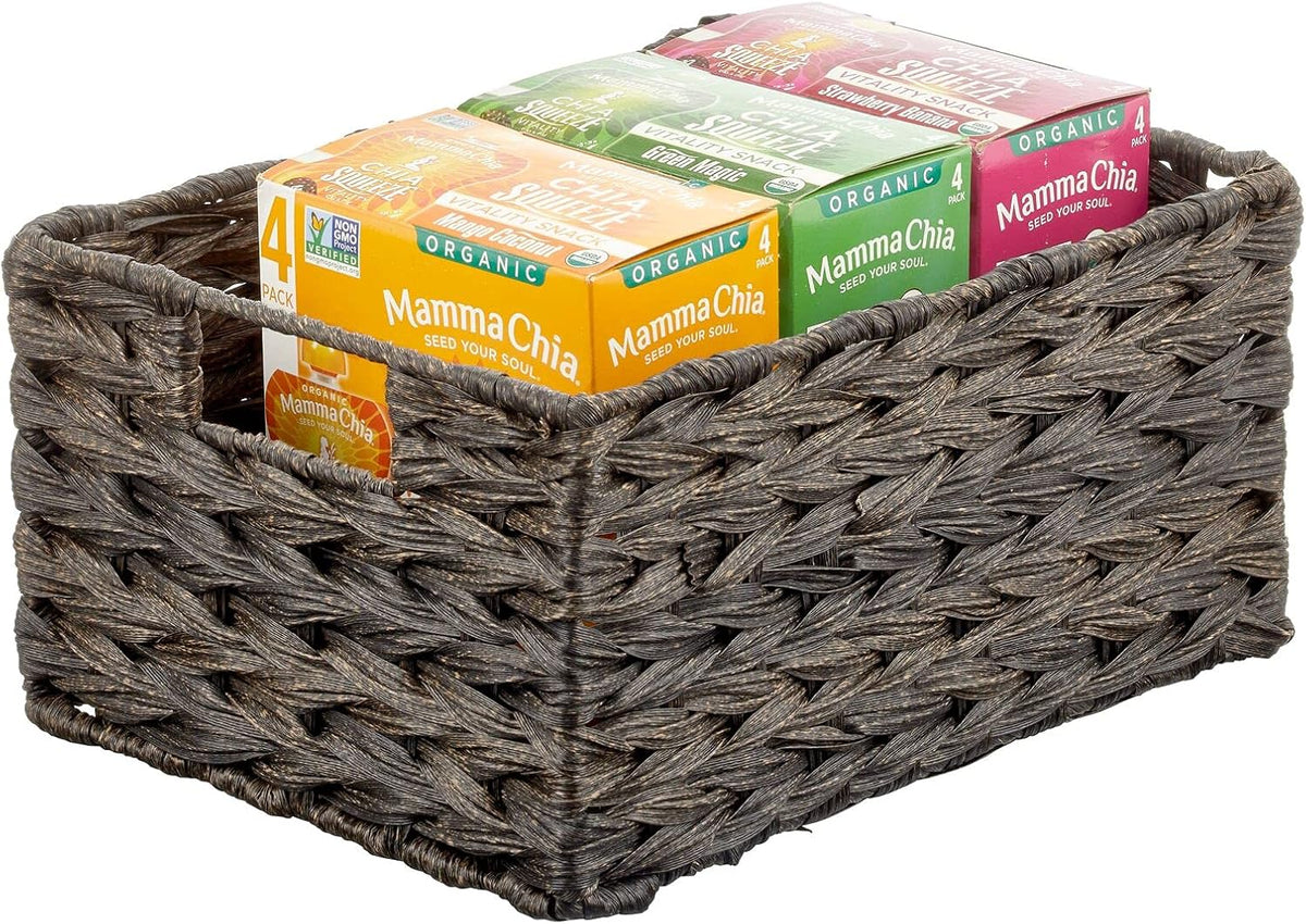 mDesign Woven Farmhouse Kitchen Pantry Food Storage Organizer Basket Box - Container Organization for Cabinets, Cupboards, Shelves, Countertops, Store Potatoes, Onions, Fruit, 6 Pack, Espresso Brown
