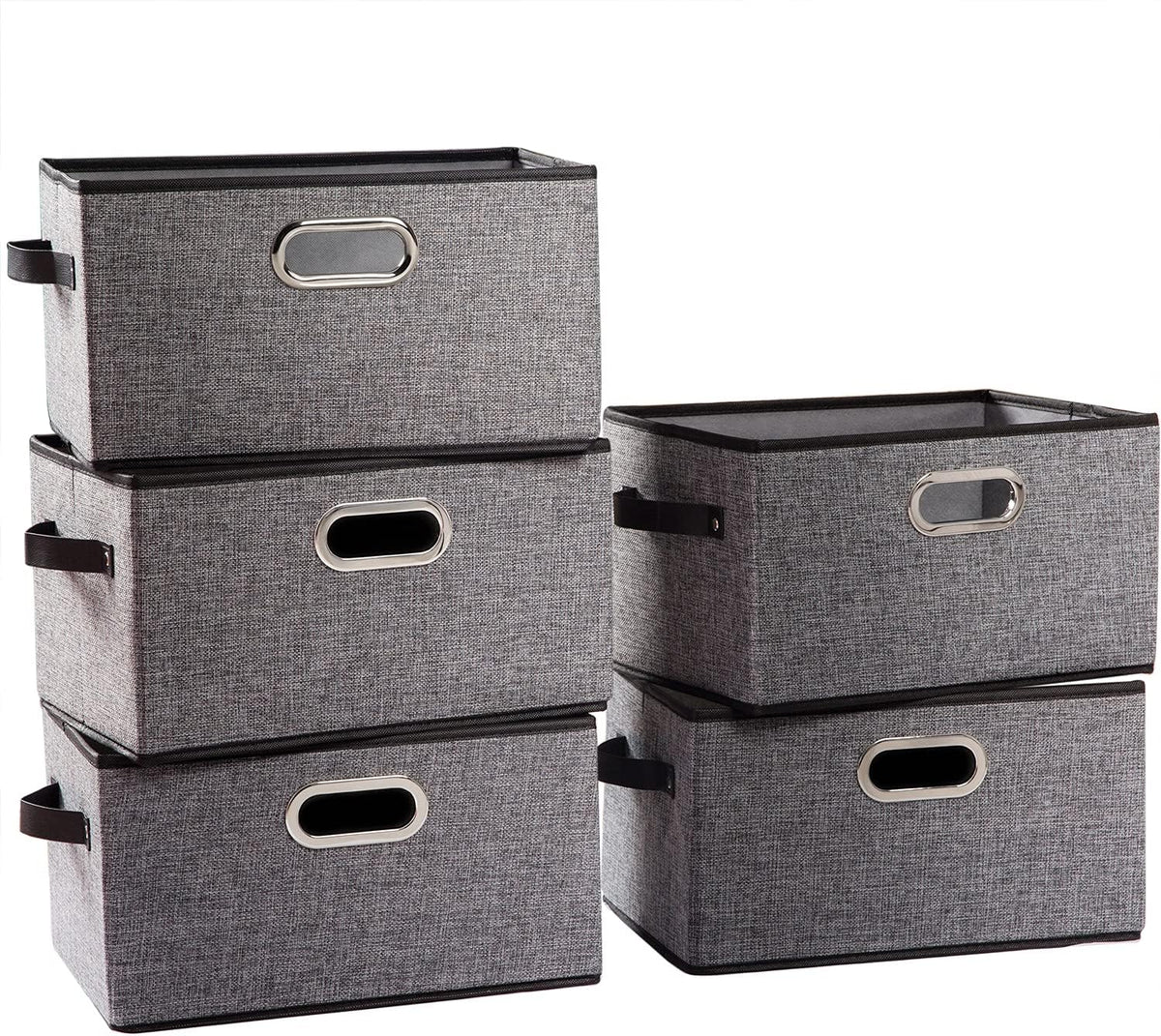PRANDOM Fodable Storage Baskets for Closet [5-Pack] Decorative Fabric Storage Bins Cubes with Leather/Metal Handles for Shelves Bedroom Living Room Grey (11.5x8.5x6.7 Inch)