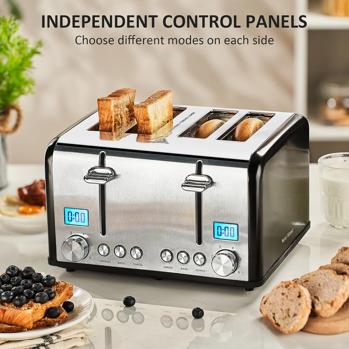 Countdown Stainless Steel 4 Slice Toaster with Bagel, Defrost, Cancel Function, Dual Toaster, Extra Wide Slots, 6 Shade Settings, Removable Crumb Trays, 1650W, Black