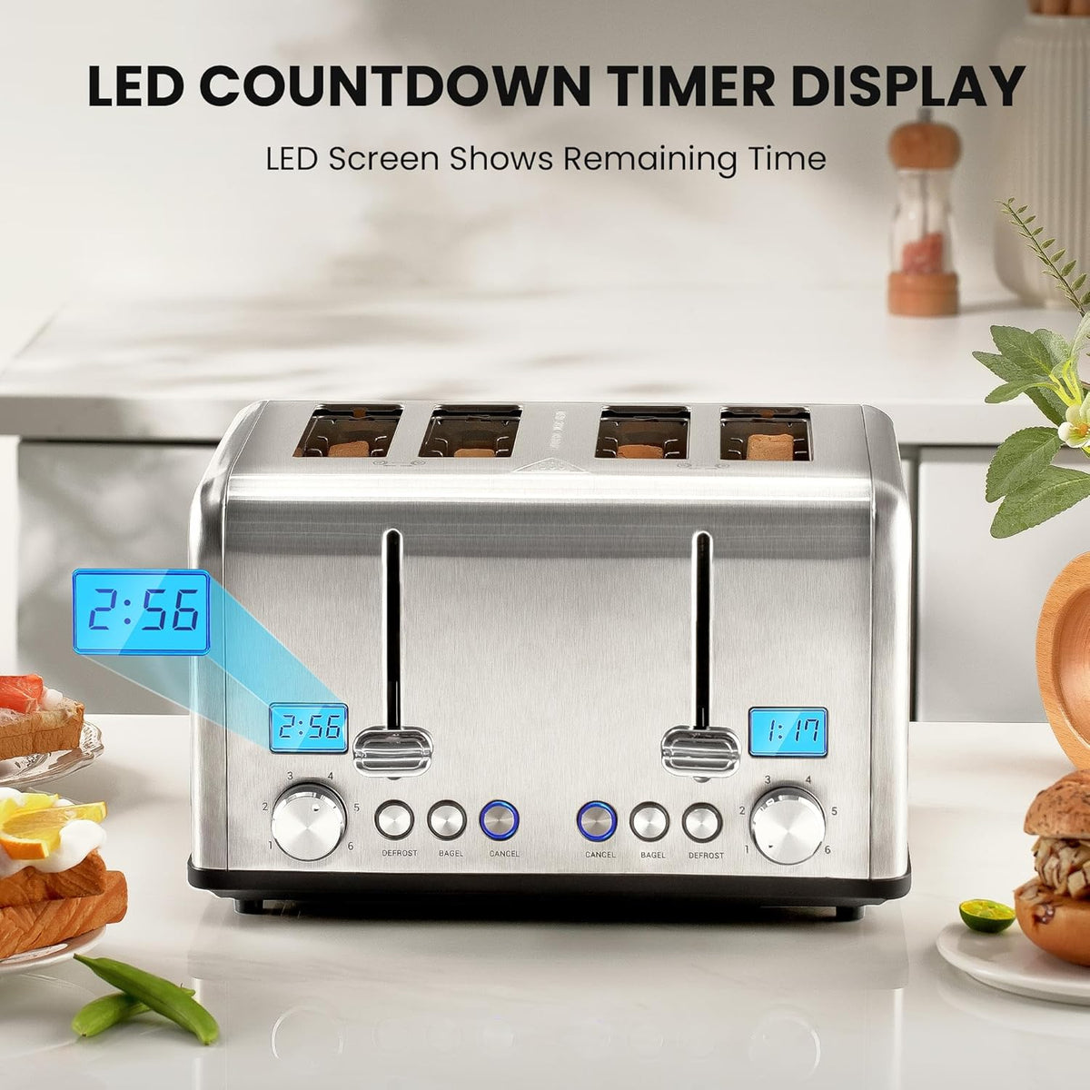 Countdown Stainless Steel 4 Slice Toaster with Bagel, Defrost, Cancel Function, Dual Toaster, Extra Wide Slots, 6 Shade Settings, Removable Crumb Trays, 1650W