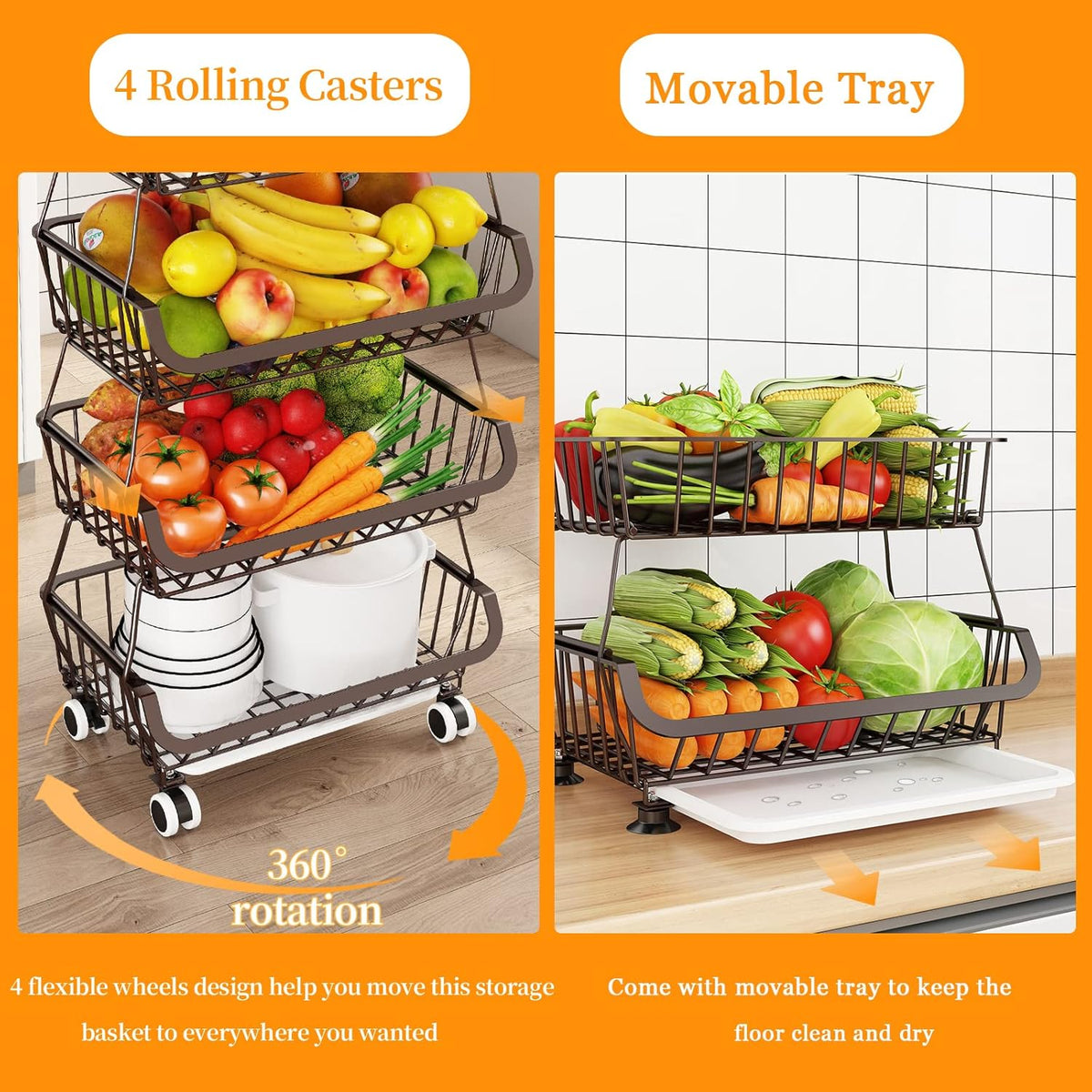 Fruit Vegetable Storage Basket for Kitchen - 4 Tier Stackable Metal Wire Baskets Cart with Rolling Wheels Utility Fruits Rack Produce Snack Organizer Bins for Pantry Bathroom Laundry Bronze