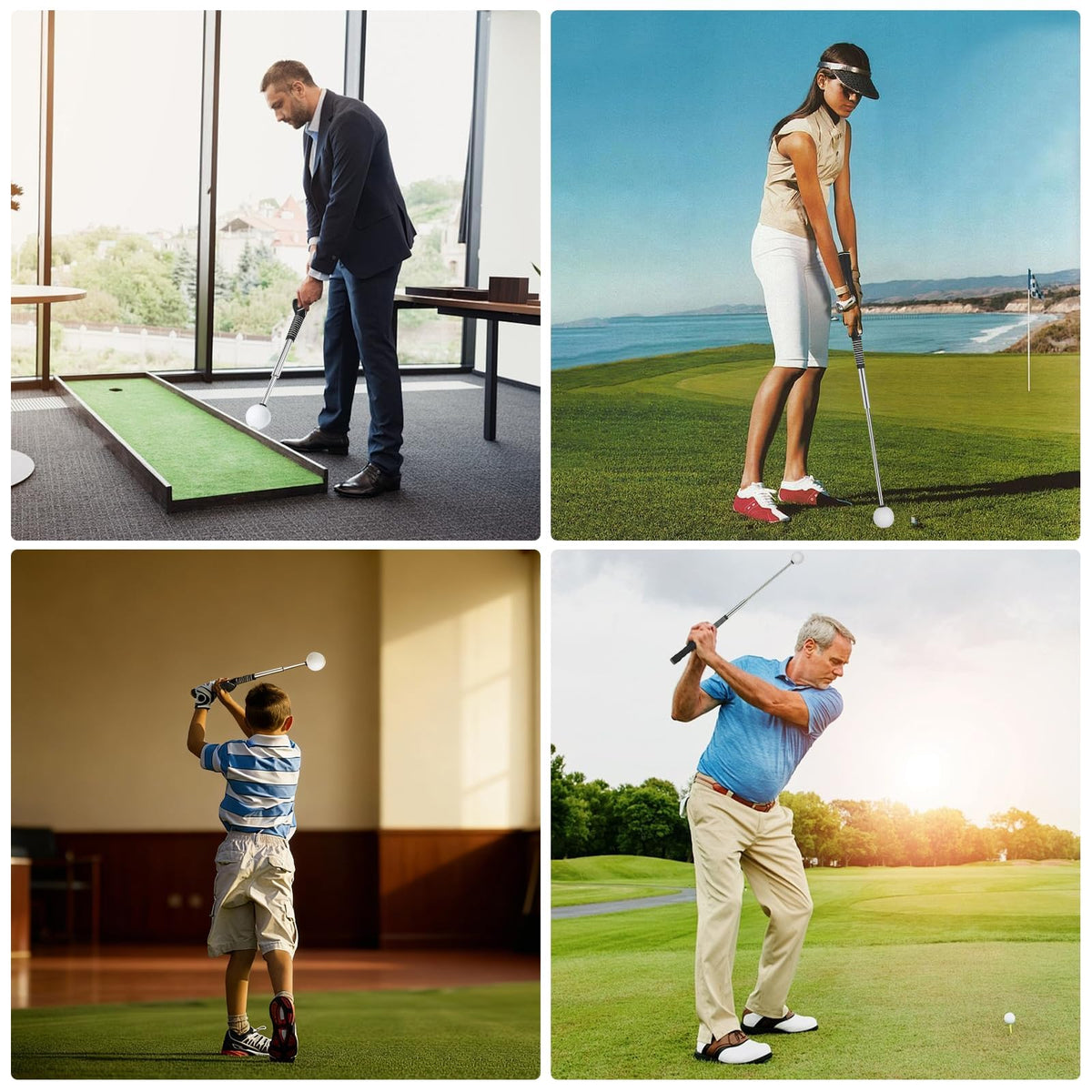 Retractable Golf Swing Trainer with Right-Handed Golf Grip Trainer and Arm Band, Click Feedback Training Aid for Grip Correction, Tempo, Rhythm, Release Timing