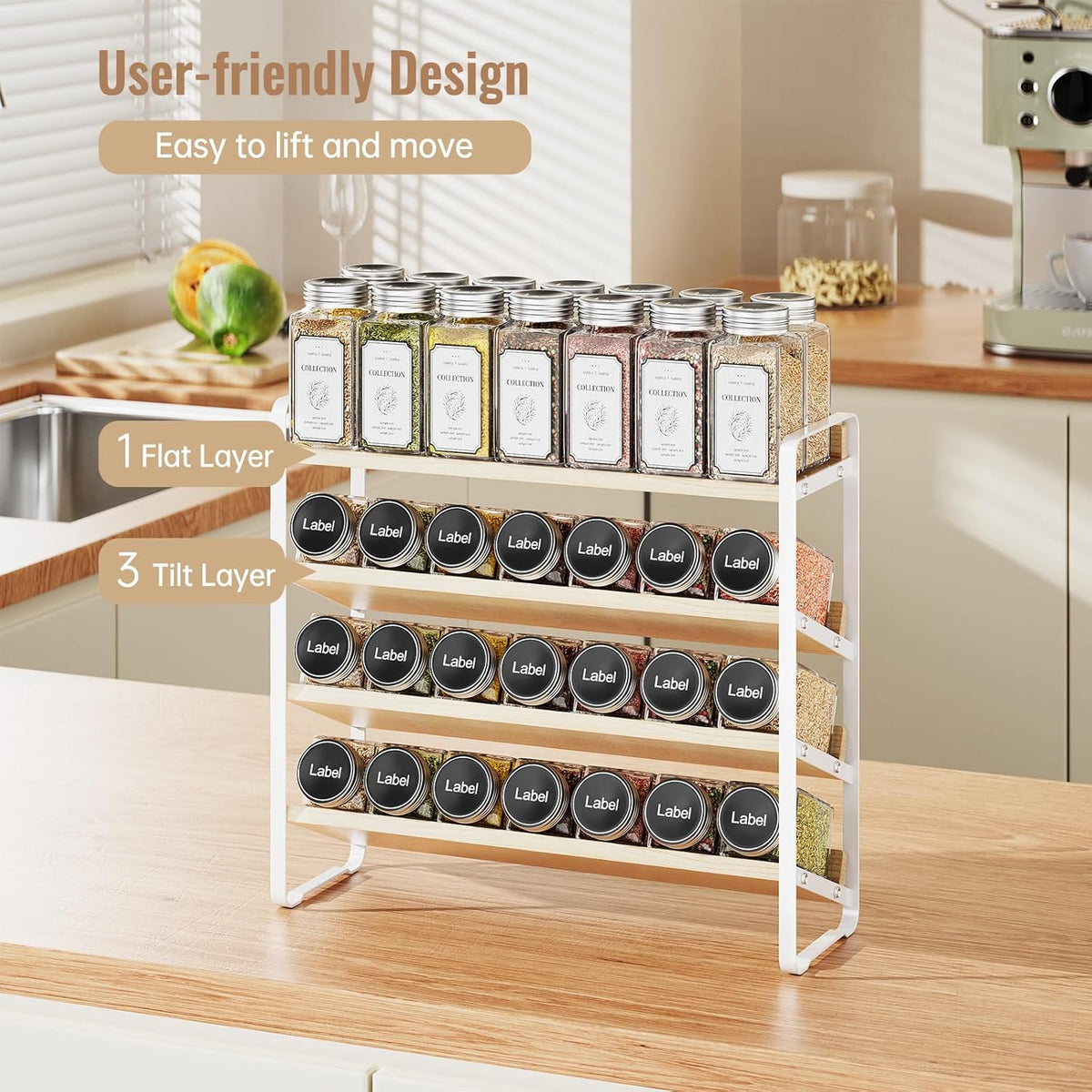 MUDEELA 4 Tier Spice Rack Organizer for Cabinet,Wooden Vertical Spice Shelf, Seasoning Organizer for Countertop, Kitchen, Pantry, Freestanding, 13.4" W × 11.2" H (No Jars Included), White