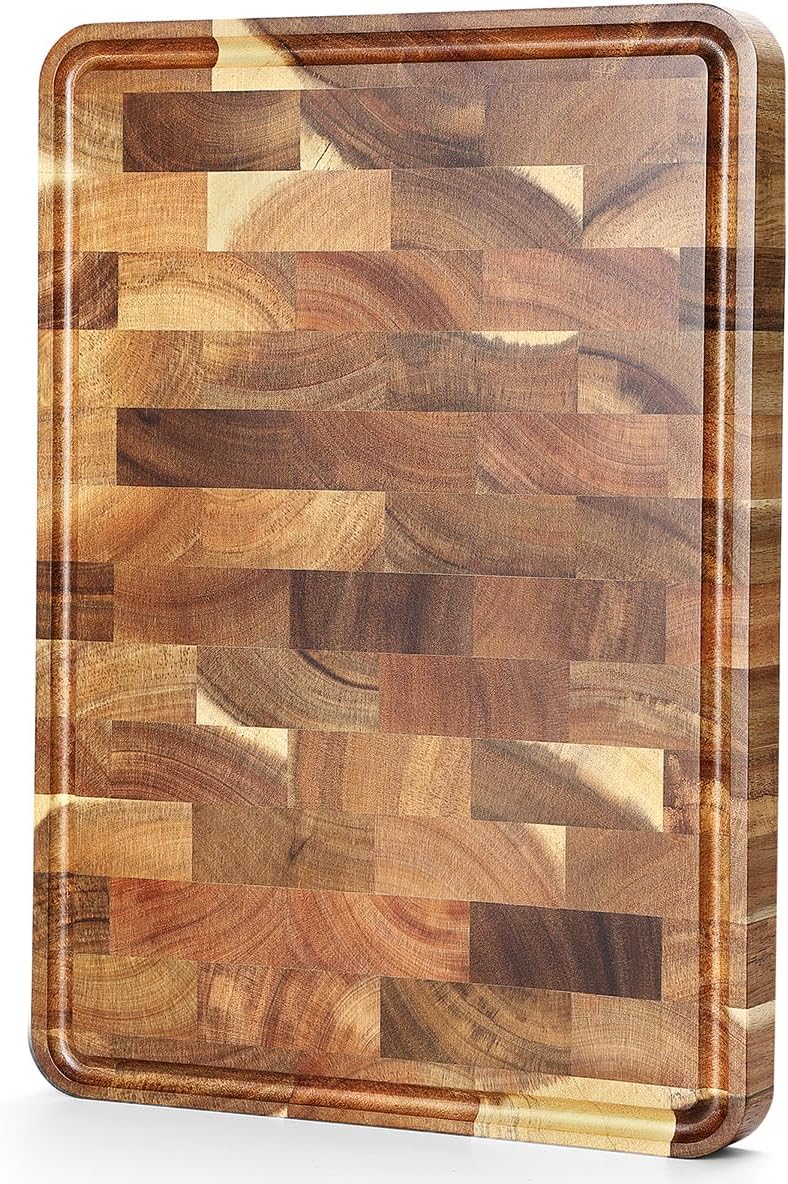 XINZUO Acacia Wood End Grain Cutting Board (13.8''L x 9.8''W x 1''T)-Wooden Chopping Board with Non-Slip Feet, Side Handles and Juice Groove