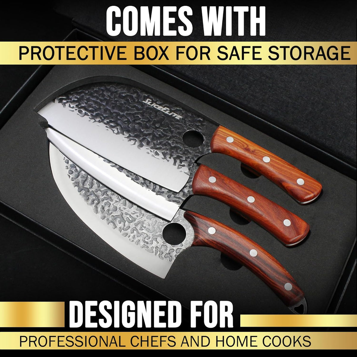 SliceElite 3PCS Hand-Forged Professional Butcher Knife Set: Cleaver, Sharp Viking, & Boning, Knives for meat cutting | Chef Set with Gift Box meat cutting knife Perfect BBQ Gift for Men