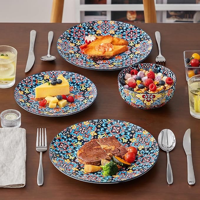 vancasso 12 Pieces Dinnerware Sets, Red Plates and Bowls Set, Porcelain Dishes Set for 4, Microwave and Dishwasher Safe, Scratch Resistant, Bohemian Style Dining Ware Service for 4, Series SIMI