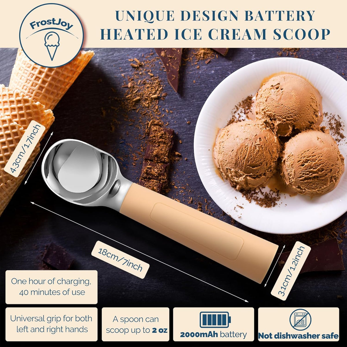 Heated Ice Cream Scoop Rechargeable, Electric Warming Ice Cream Scooper with LED Display, Heats to 158°F for Hard Ice Cream, Easy for Seniors & Kids, IP67 Waterproof (Butter Yellow, 2oz)