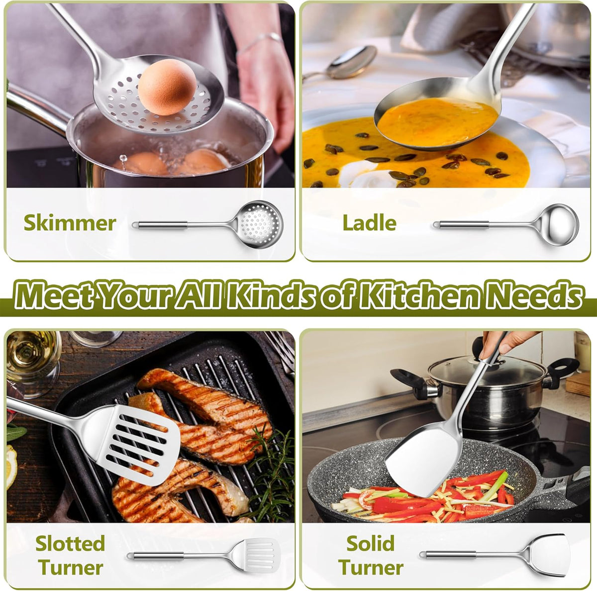 E-far Cooking Utensils Set, 10-Piece Stainless Steel Kitchen Utensils with Holder, Metal Heat Resistant Kitchen Cookware Tool Spatula Set for Cooking, Easy Clean & Dishwasher Safe