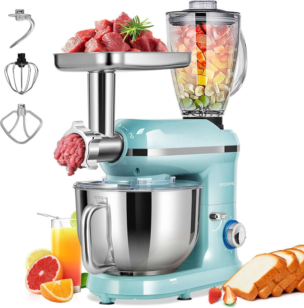 VIVOHOME 3 in 1 Multifunctional Stand Mixer with 6 Quart Stainless Steel Bowl, 650W 6 Speed Tilt-Head Meat Grinder, Juice Blender, Blue