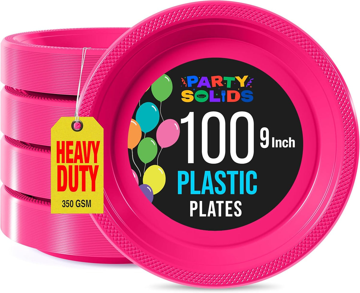 Exquisite Party Solids Hot Pink Plastic Plates For Party 9" Hot Pink Disposable Plates Heavy Duty Supplies 100 Pcs Plastic Dinnerware Sets Heavy Duty 350 GSM Disposable Dinnerware Set