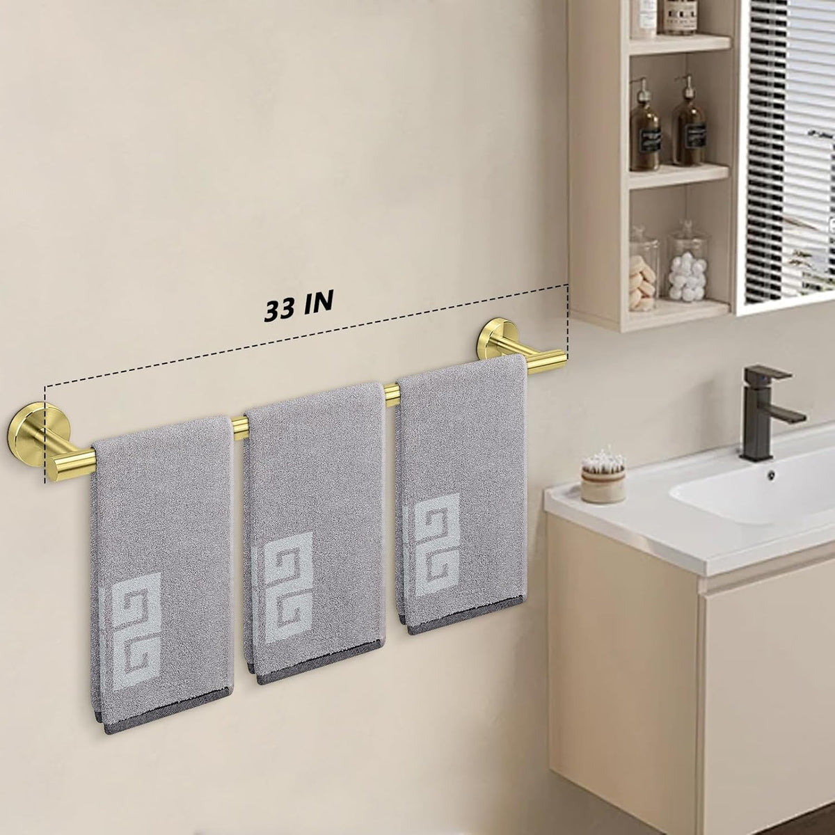 NearMoon Bath Towel Bar, Bath Accessories Thicken Stainless Steel Shower Towel Rack for Bathroom, Towel Holder Wall Mounted (1 Pack, Brushed Gold, 33 Inch)