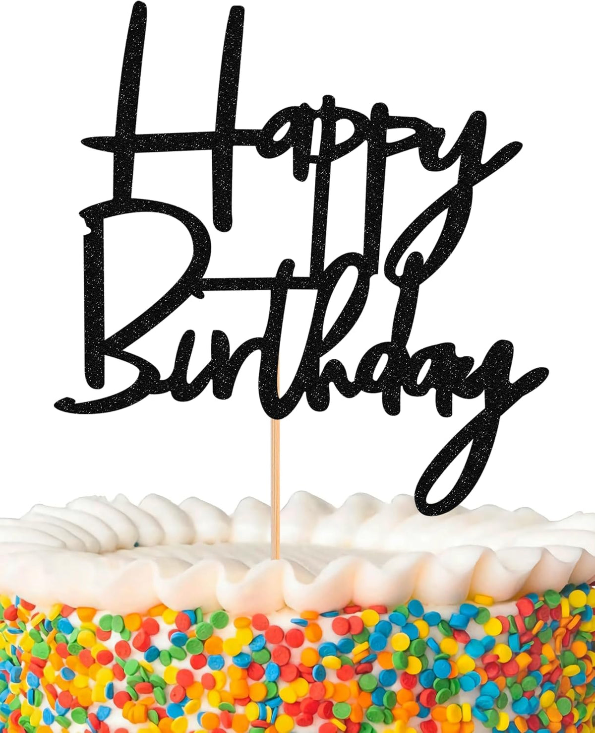 Happy Birthday Cake Topper - Glitter Black Birthday Cake Top Decorations (Black)