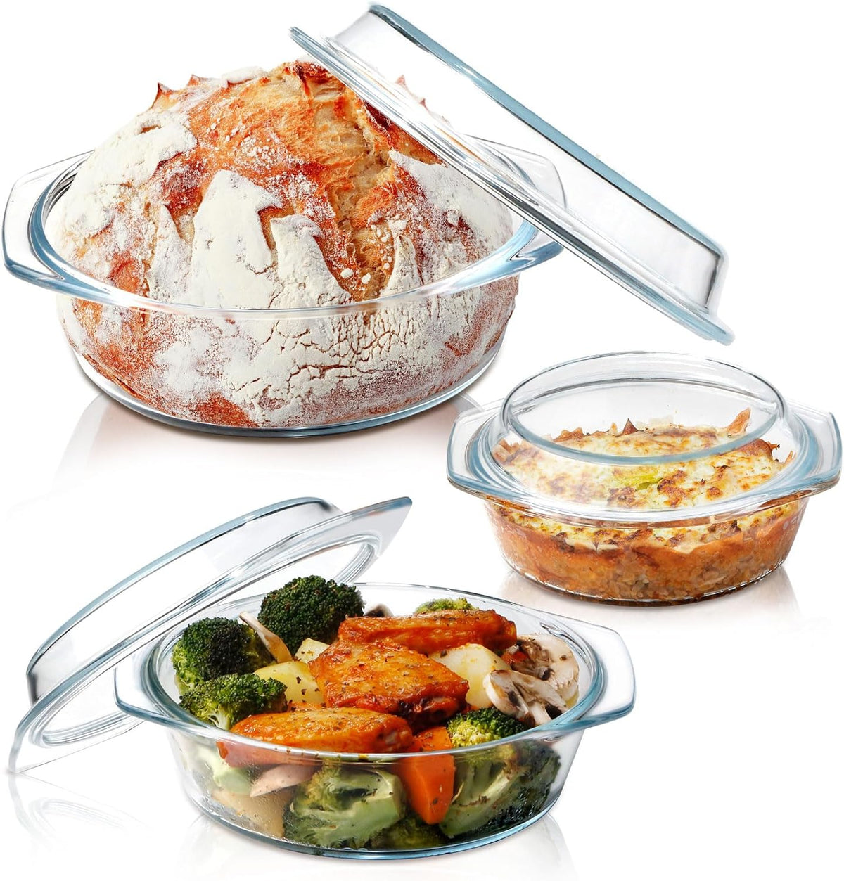 ZYER Round Glass Casserole Dish Set, 3 Sizes (0.65L, 1L, 1.4L) with Glass Lids