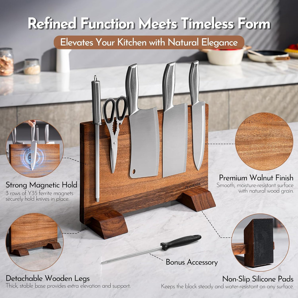 Double-Sided Magnetic Knife Block – 13.8.5 x 9.1 Inch Walnut Wood Knife Holder with 24 Powerful Magnets, Universal Knife Storage Stand with Non-Slip Base & Sharpening Rod