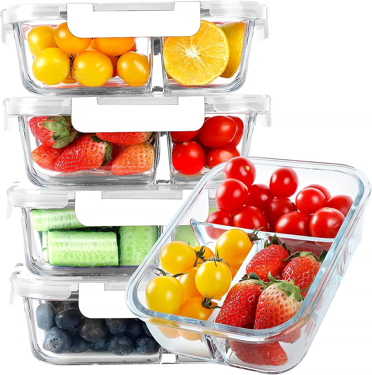 KOMUEE Glass Meal Prep Containers 3 Compartments, 5 Pack 36 oz, Glass Food Storage Containers with Lids, Airtight Lunch Bento Box, Portion Control, Freezer and Microwave Safe, White
