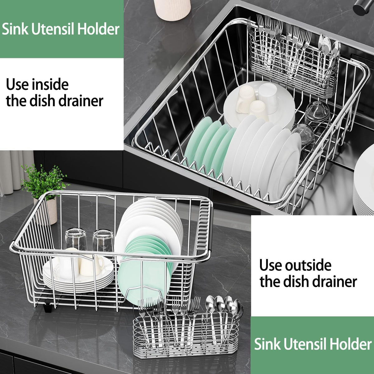304 Stainless Steel Utensil Holder, Silverware Drying Rack with Hooks for Dish Drainer, Knife and Fork Drainer Basket with 3 Divided Compartments, Kitchen Drainage Basket Accessories, Rust Proof
